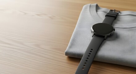 Grey smartwatch placed on a folded t-shirt on a light wooden table for modern lifestyle concept and everyday essentials with copy space