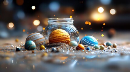 A collection of colorful planetary objects and a glass jar are arranged on a surface, with a blurred bokeh background.