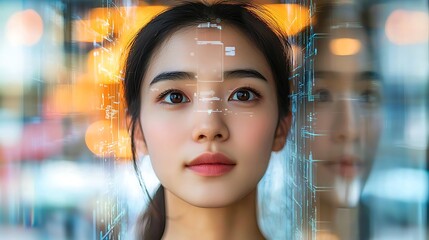 Futuristic portrait of a young Asian woman with digital interface overlay, symbolizing AI, technology, data, and augmented reality.