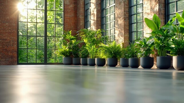 A row of potted plants in an industrial loft setting, with large windows, brick walls, and bright sunlight streaming through.