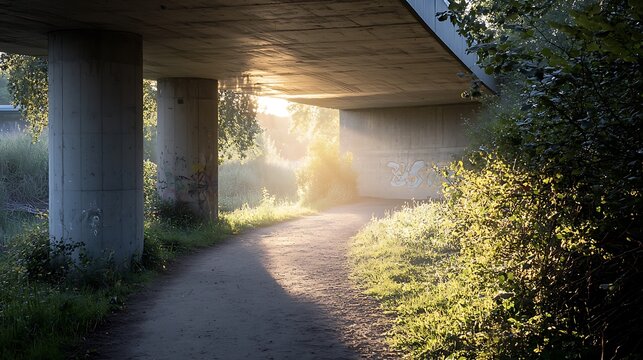 Peaceful Dirt Path Under Concrete Bridge with Golden Hour Sunlight - Powered by Adobe