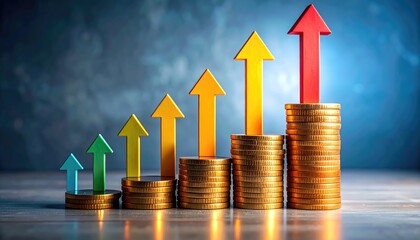 Stacks of golden coins ascend, each crowned with a vibrant arrow, visually representing the steady climb of financial success. The image embodies the concepts of growth, investment.