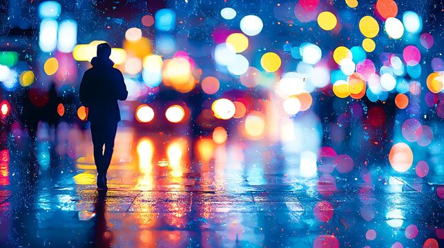 Person silhouette walking on a wet urban street amidst colorful bokeh lights at night.