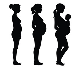 Female Pregnancy and Motherhood Journey Silhouette: Woman, Pregnant, and New Mother Stages