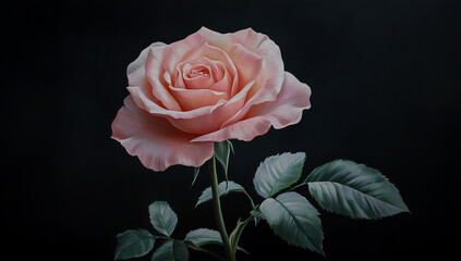 An ultra-realistic oil painting depicting a delicate pink rose in full bloom, intricately detailed against a deep black background,