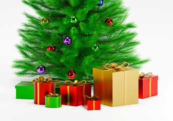 Decorated Christmas tree with presents for new year isolated on white background