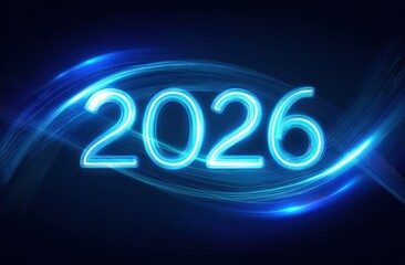 Glowing blue 2026 numbers with circular light trails on dark background. Futuristic new year celebration concept representing technology and innovation.	