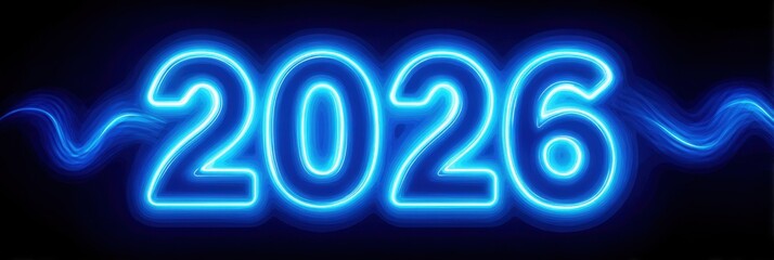 Glowing blue 2026 numbers with neon light effect on dark background. Futuristic new year celebration concept representing technology and innovation.	