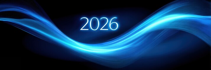 Blue glowing 2026 with swirling light trails on dark background