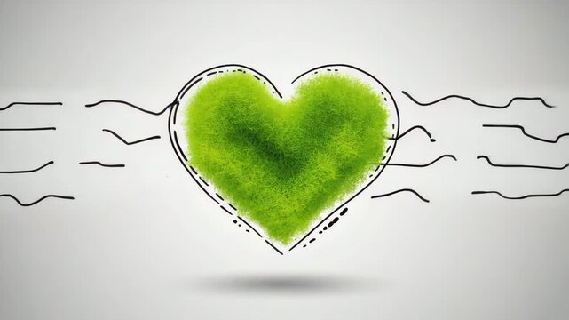 Green heart with grass texture hand-drawn sketch style concept for eco-friendly and sustainable life