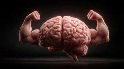 Anatomical representation depicts a brain flexing its arms, symbolizing mental strength