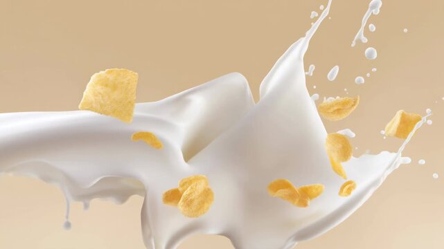 Crispy cornflake cereal pieces splashing through creamy milk with crunchy cereal flakes floating motion creating energetic breakfast vibe beige dairy
