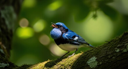 Vibrant Blue Warbler Singing on Mossy Branch in Dappled Sunlight, Forest Wildlife Close-Up
