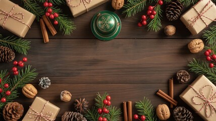 Rustic Christmas cheer with handmade gifts and natural decorations on dark wood background, perfect for festive promotions and holiday events