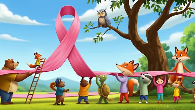 Cartoon animals and children creating a large pink ribbon for breast cancer awareness.
