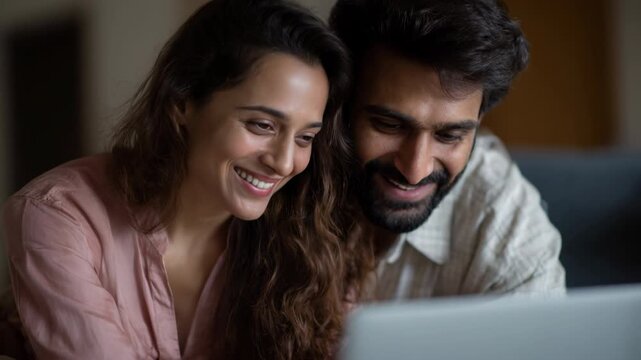 Smiling couple using laptop together in cozy indoor warm intimate setting with relaxed natural light, technology enhancing close, cozy moments