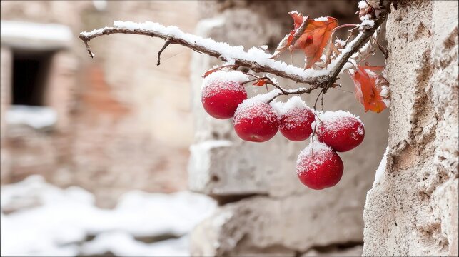 Close-up of red berries on a branch covered in snow, with a blurred background of a stone wall and winter scenery. - Powered by Adobe