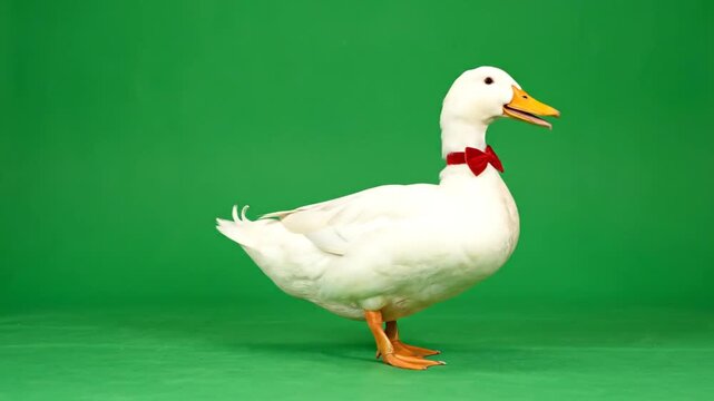 Charming studio portrait captures a pristine white duck in a red bow tie, standing composed against a vivid green screen, highlighting its delightful and unique character