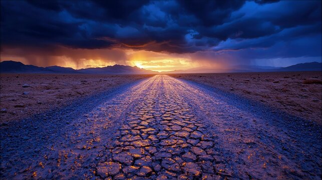 A road stretches towards the sunset across a cracked desert landscape, under a dramatic sky with rain and mountains.