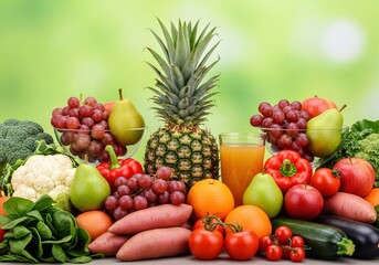 Colorful Assortment of Fresh Organic Fruits Vegetables Glass of Juice Healthy Eating Diet