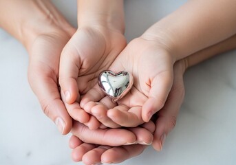 Adult and child hands tenderly cupping a shiny silver heart, symbolizing family love, care, and protection
