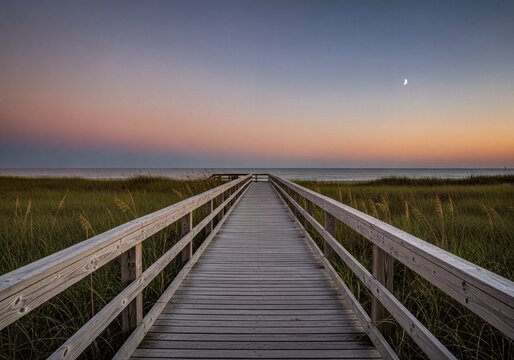 Serene Wooden Boardwalk Path Over Coastal Dunes Leading to Ocean at Sunset with Crescent Moon - Powered by Adobe