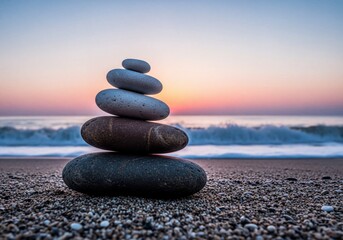 Perfectly Balanced Zen Stones Stacked on a Serene Beach Shore During a Vibrant Sunset
