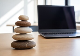 Zen Stones Stacked on Office Desk Near Laptop Symbolizing Business Balance and Stability