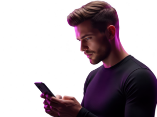 Young man with stylish haircut looking intently at his smartphone screen under dramatic purple neon light, isolated on transparent background