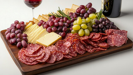 A beautifully arranged charcuterie board on a clean white background, featuring a variety of salamis, assorted cheeses, and fresh grapes,