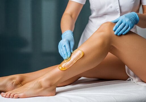 Professional Sugaring Hair Removal Procedures on Young Woman's Leg in Salon