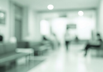 Abstract Defocused Hospital Hallway Interior with Blurred Figures and Waiting Area Elements