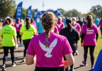 Woman with braided hair wearing pink t-shirt with dove and ribbon at charity walk