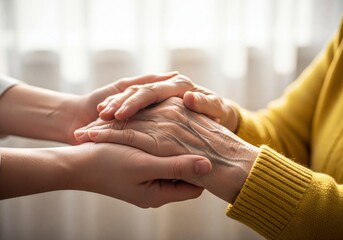 Intergenerational Connection: Younger Hand Gently Comforting Wrinkled Older Hand Symbolizing Support