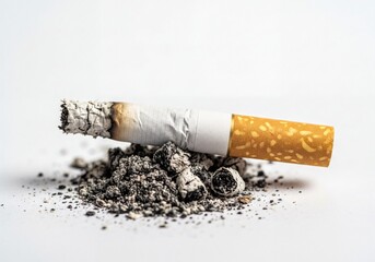 Burnt cigarette with accumulated ash on a white background, representing smoking addiction and health risks