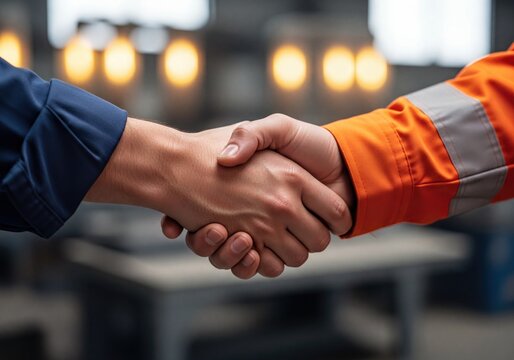 Professional Handshake Between Two Workers in Blue and Orange Industrial Uniforms - Powered by Adobe