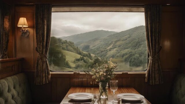 Scenic Train Journey - Dining Car View of Rolling Hills and Mountains.