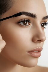 Close up beauty portrait of woman applying eyebrow makeup with brush, natural brow shaping, flawless skin, cosmetic routine isolated on white