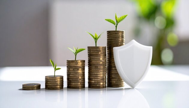 Visual representation of financial growth with stacks of coins topped with emerging green sprouts, symbolizing investments and security.