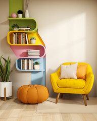 Obraz premium Colorful bookshelf on wall over pumpkin stool and yellow sofa on wooden floor in living room or cafe