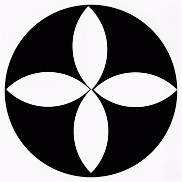 A simple, symmetrical design featuring a black circle with a four-petal white flower shape at its center.