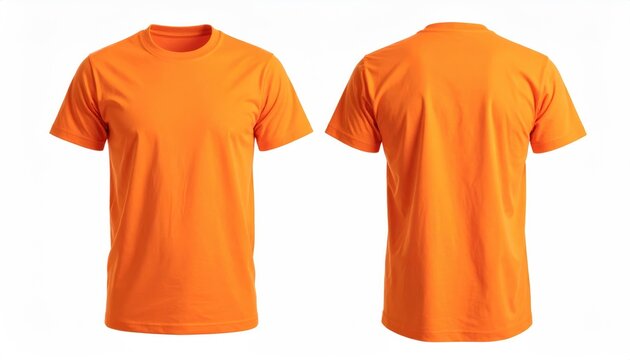 Showcasing a vibrant orange t-shirt from both front and back perspectives, against a clean, uncluttered backdrop, this image highlights the shirt's design, form, and color with clarity.