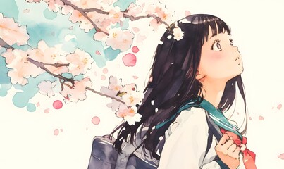 Obraz premium Lovely girl with cherry blossoms and long straight hair, watercolor illustration, spring theme, anime style