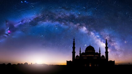 Majestic Mosque Silhouette Under Dazzling Milky Way Night Sky