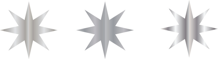 Obraz premium metallic eight-pointed star icons with vertical gradient effects in light and dark gray tones on white background, modern geometric symbols for branding, interface design, decoration, and digital art