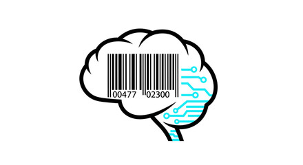 Modern brain with barcode and circuit board, represents AI, innovation, and digital transformation, perfect for tech companies and marketing campaigns.