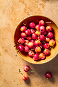 Sweet rainier cherries in warm summer light