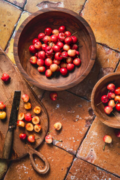 Sweet rainier cherries in warm summer light