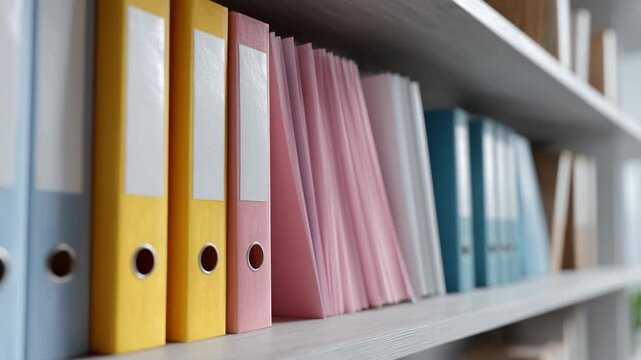 Colorful office file folder and binder arrangement shelf conveying organized workplace efficiency and calm colorful office file binders and folders