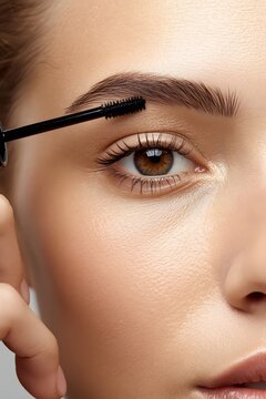 Close up beauty shot of a woman applying brow mascara to shape and define natural eyebrows with precise cosmetic grooming and soft flawless skin texture